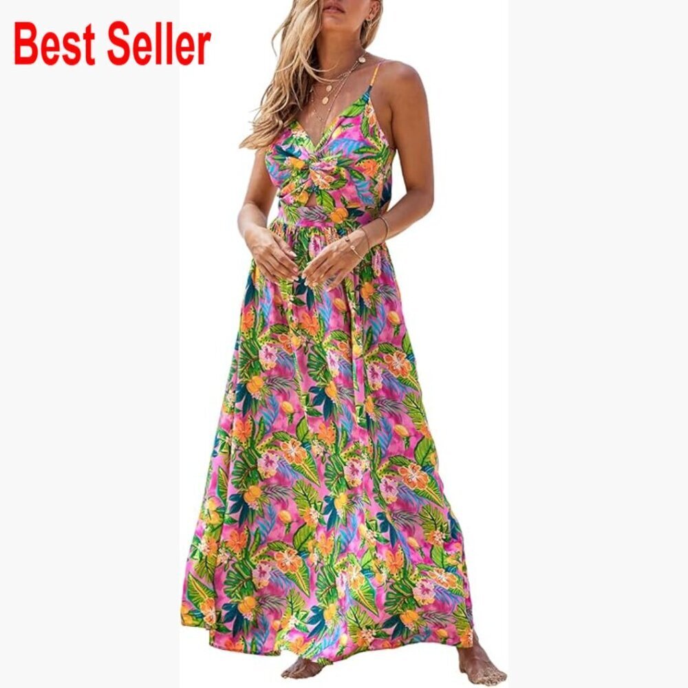 Rayon Maxi Dress with V-Neck and Spaghetti Straps